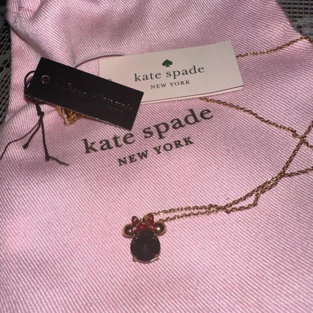 Disney Kate Spade New York Black and Red Minnie Mouse Bow Pendant Gold Necklace - Picture 2 of 3